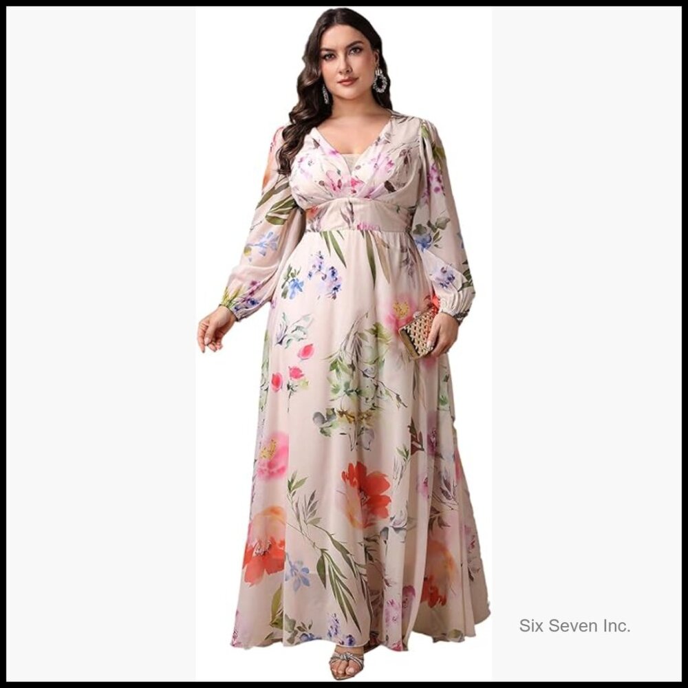 Polyester Maxi Dress With V-Neck And Long Lantern Sleeves